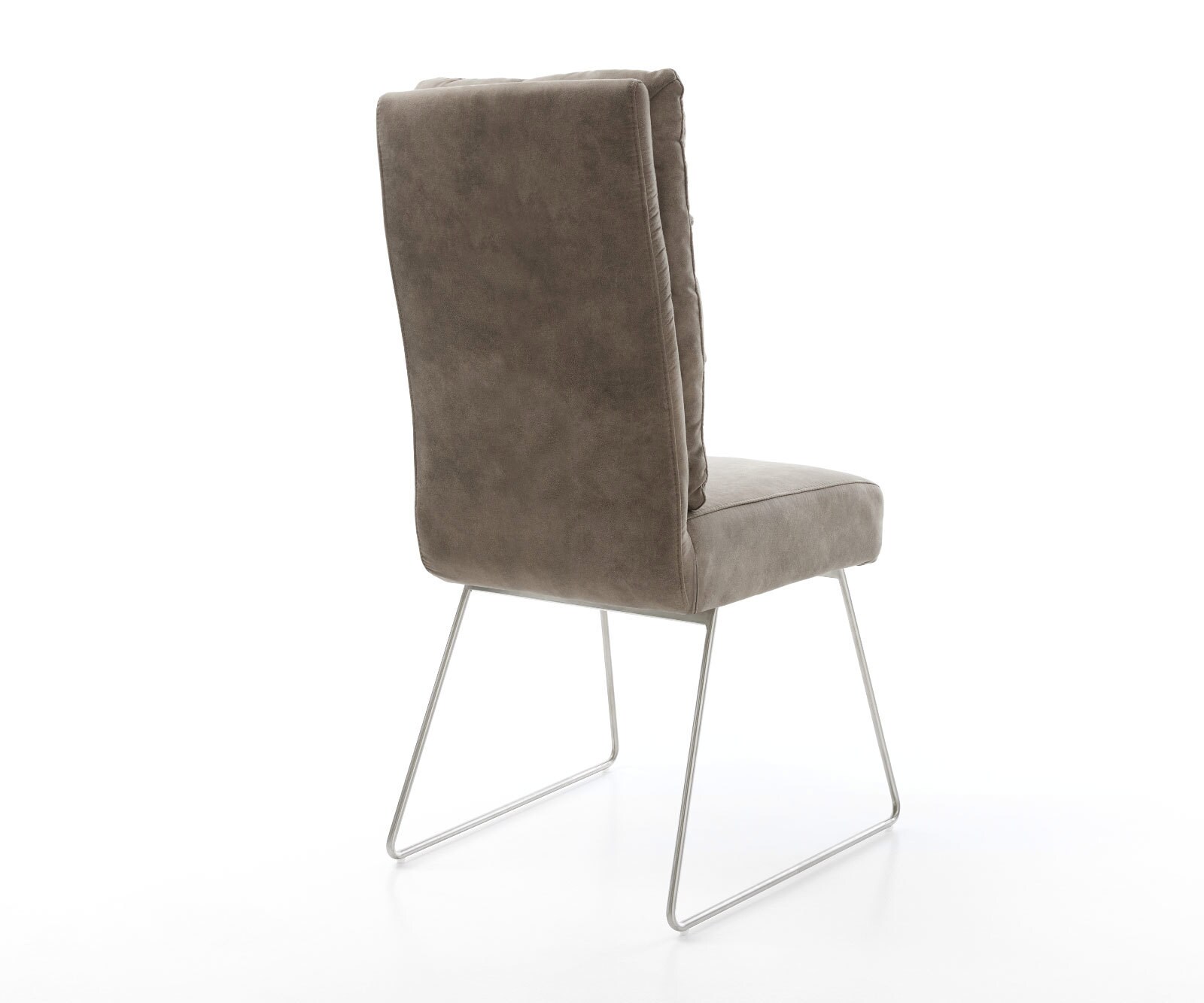Chaise-de-salle-à-manger Pela-Flex microvelours taupe vintage pied trapèze acier inoxydable brossé ressorts ensachés 4 Chaise-de-salle-à-manger Pela-Flex microvelours taupe vintage pied trapèze acier inoxydable brossé ressorts ensachés 4