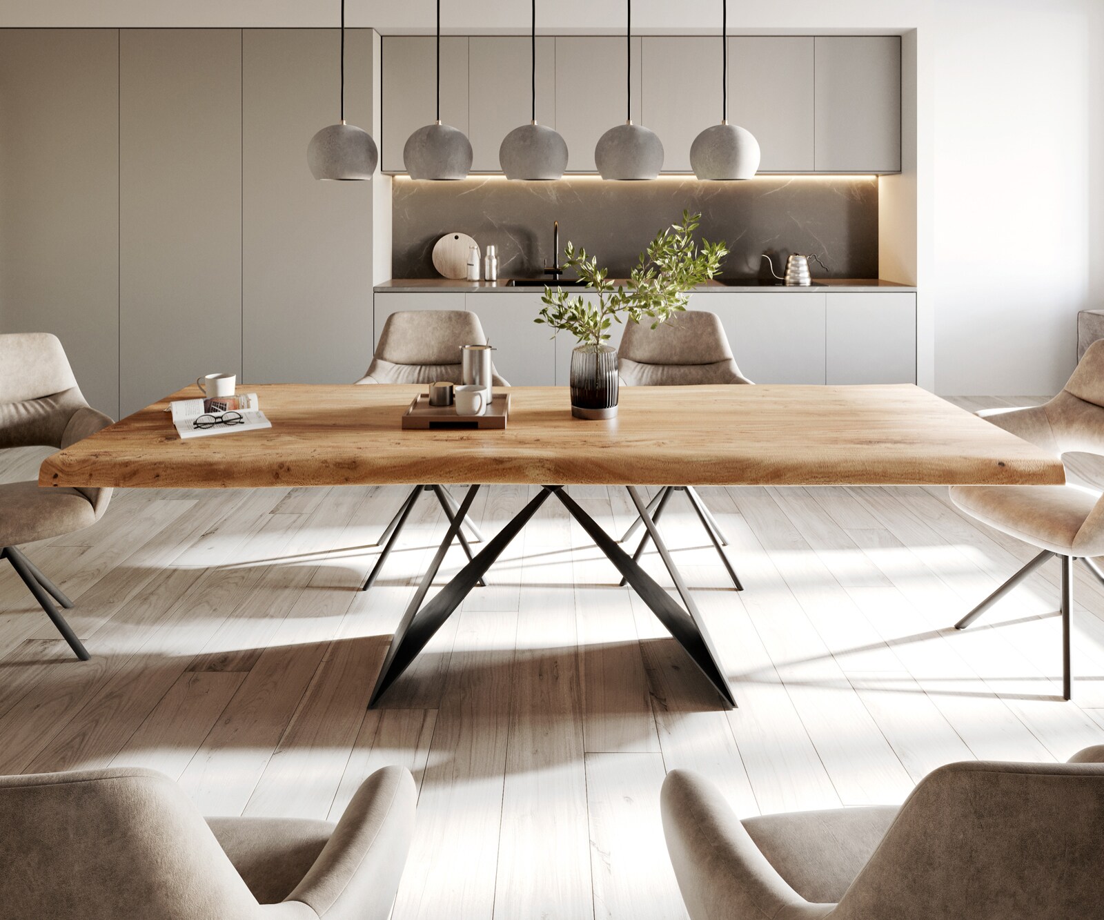 Table à manger Edge 260x100 XL acacia nature cadre en V acier plat noir Live-Edge 1