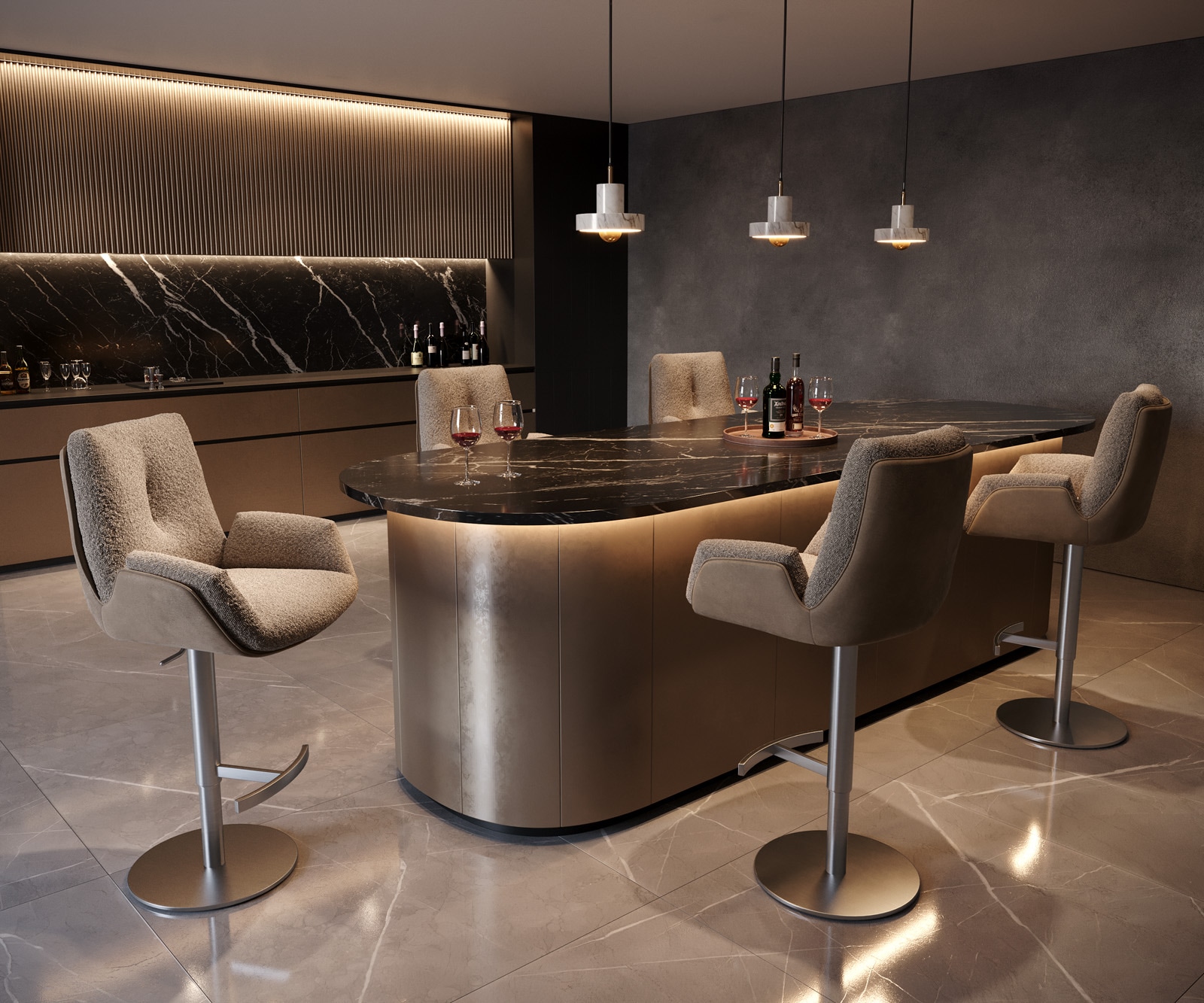 Chaise-de-bar Clea-Flex mélange de matériaux boue pied pivotant réglable en hauteur acier inoxydable pivotant ressorts ensachés 4