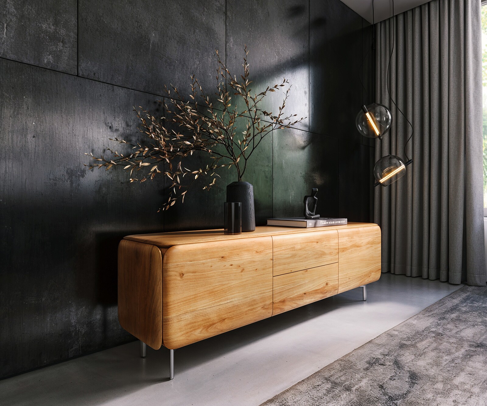 Meuble-TV Shavani 175 cm Acacia naturel 2 portes 2 tiroirs Pieds ovales en acier inoxydable