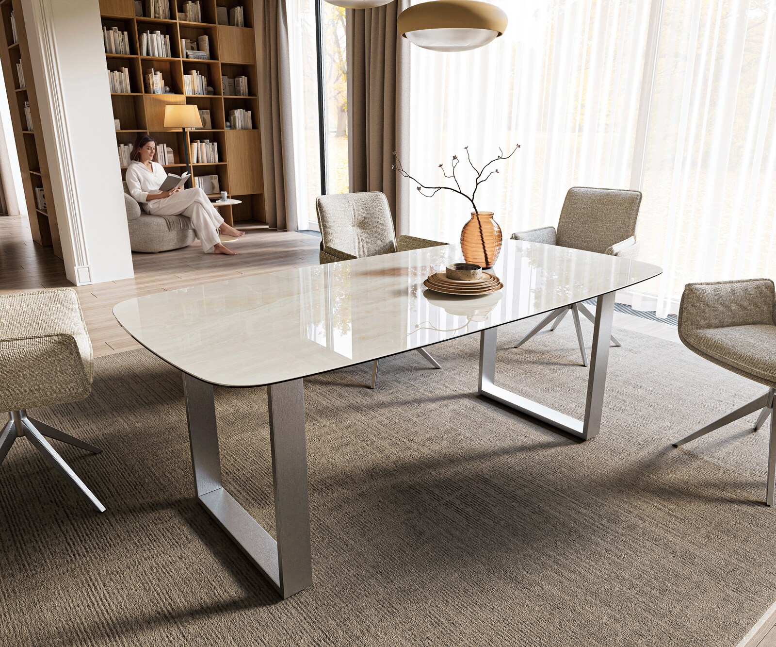 Table à manger Edge bateau 200x100 cm céramique Onyx Champagne inox large 1