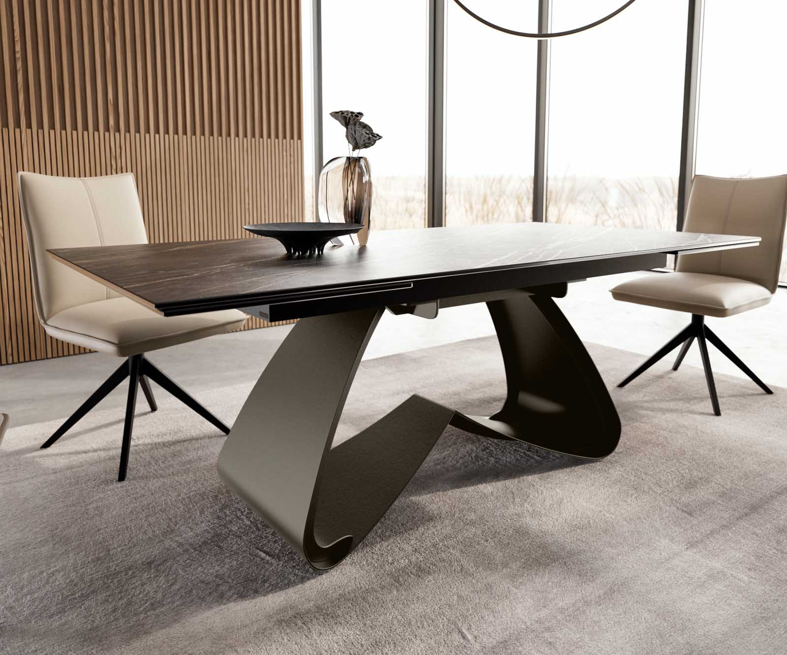 Table à manger Edge 200-300x100 Céramique Laminam®Noir Desir Marron cadre en W Finition Effet Titane Extensible 5