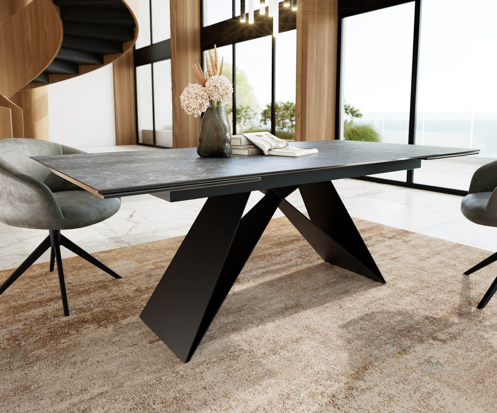 Table à manger Edge 200-300x100 céramique Laminam®Nero Greco gris cadre en V acier plat noir extensible 3