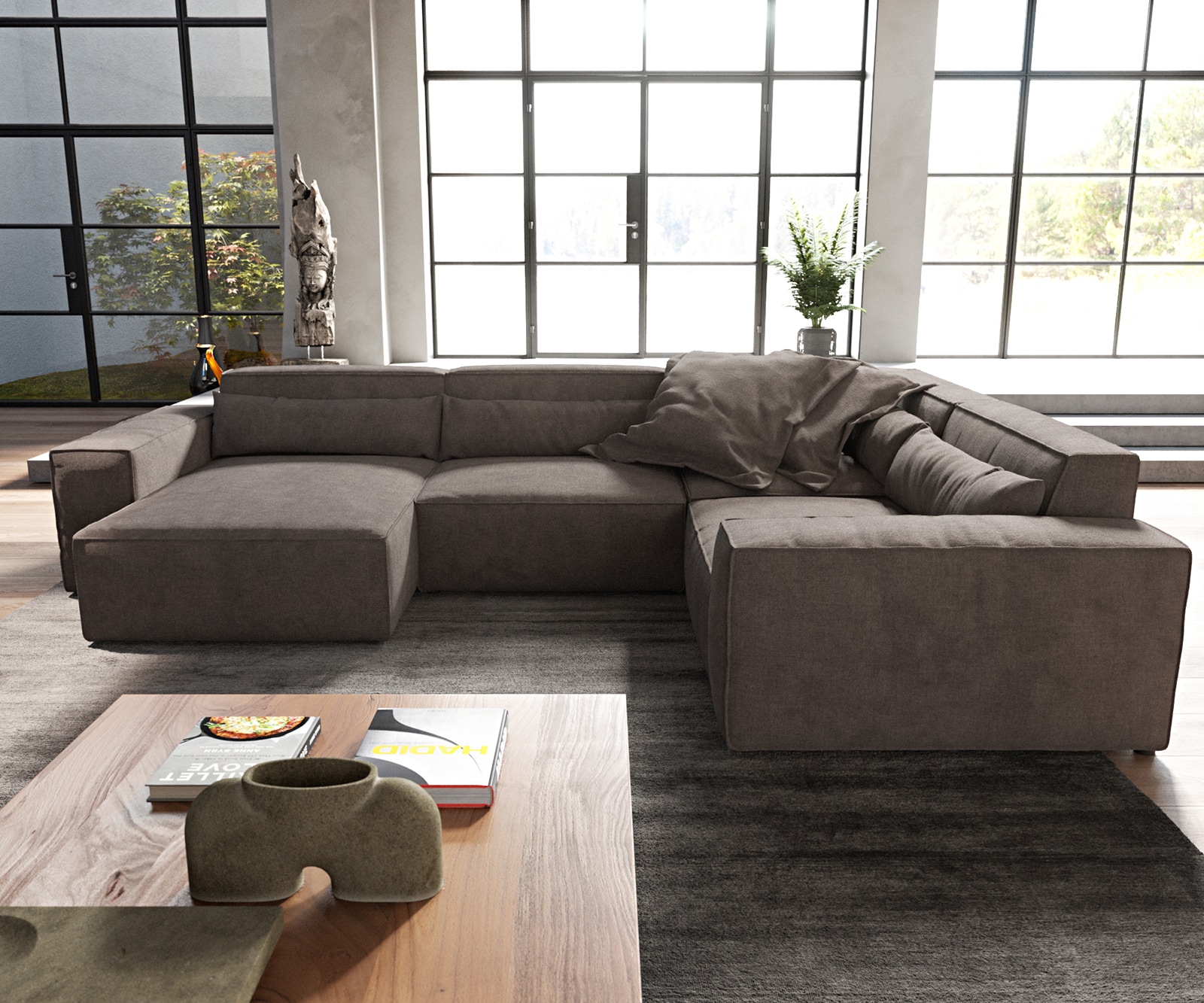 Canapé panoramique Sirpio 300x210 cm Microfibre Marron Kaki Recamiere variable 2