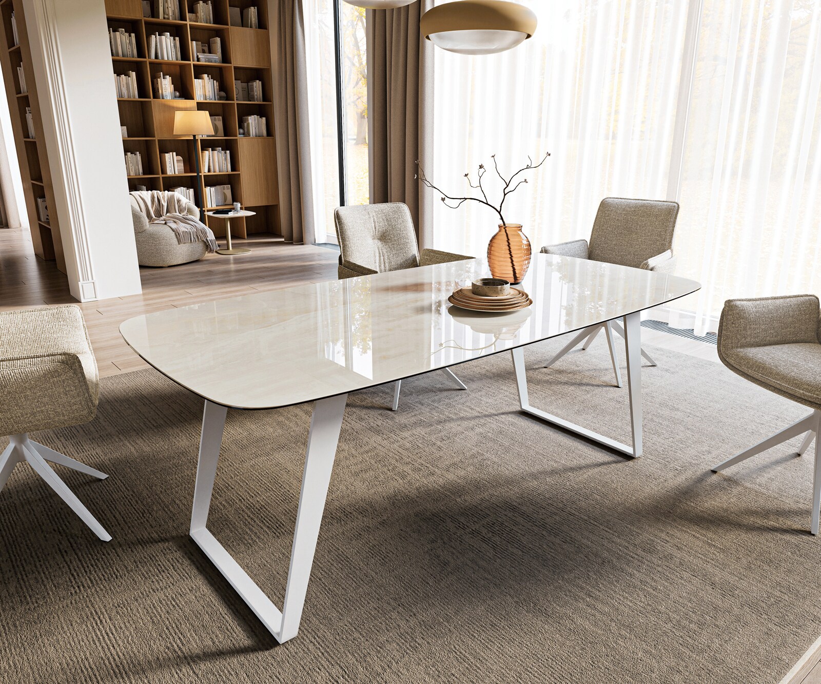 Table à manger Edge bateau 200x100 cm céramique Onyx Champagne piètement incliné métal blanc 1
