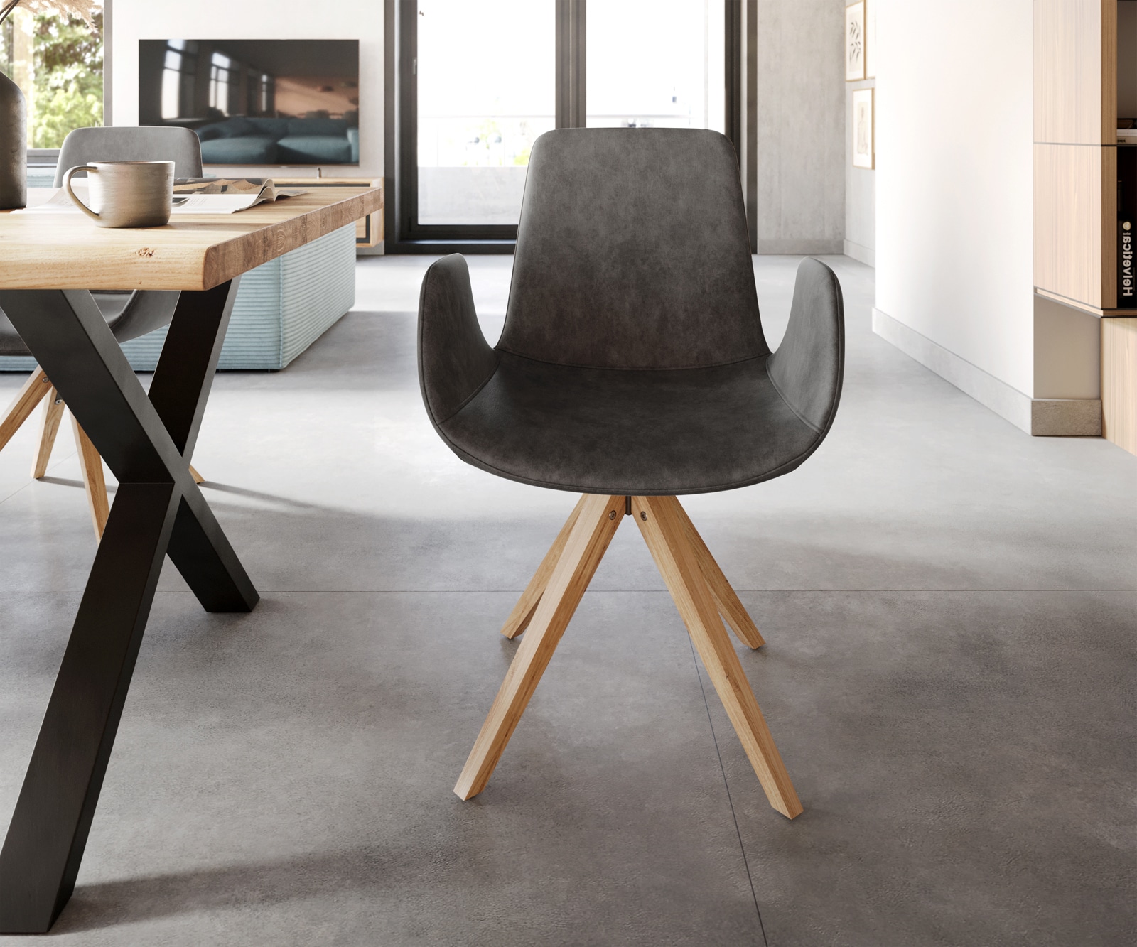 Chaise-de-salle-à-manger Ilia-Flex avec accoudoirs microvelours anthracite vintage pied en bois anguleux naturel 1 Chaise-de-salle-à-manger Ilia-Flex avec accoudoirs microvelours anthracite vintage pied en bois anguleux naturel 1