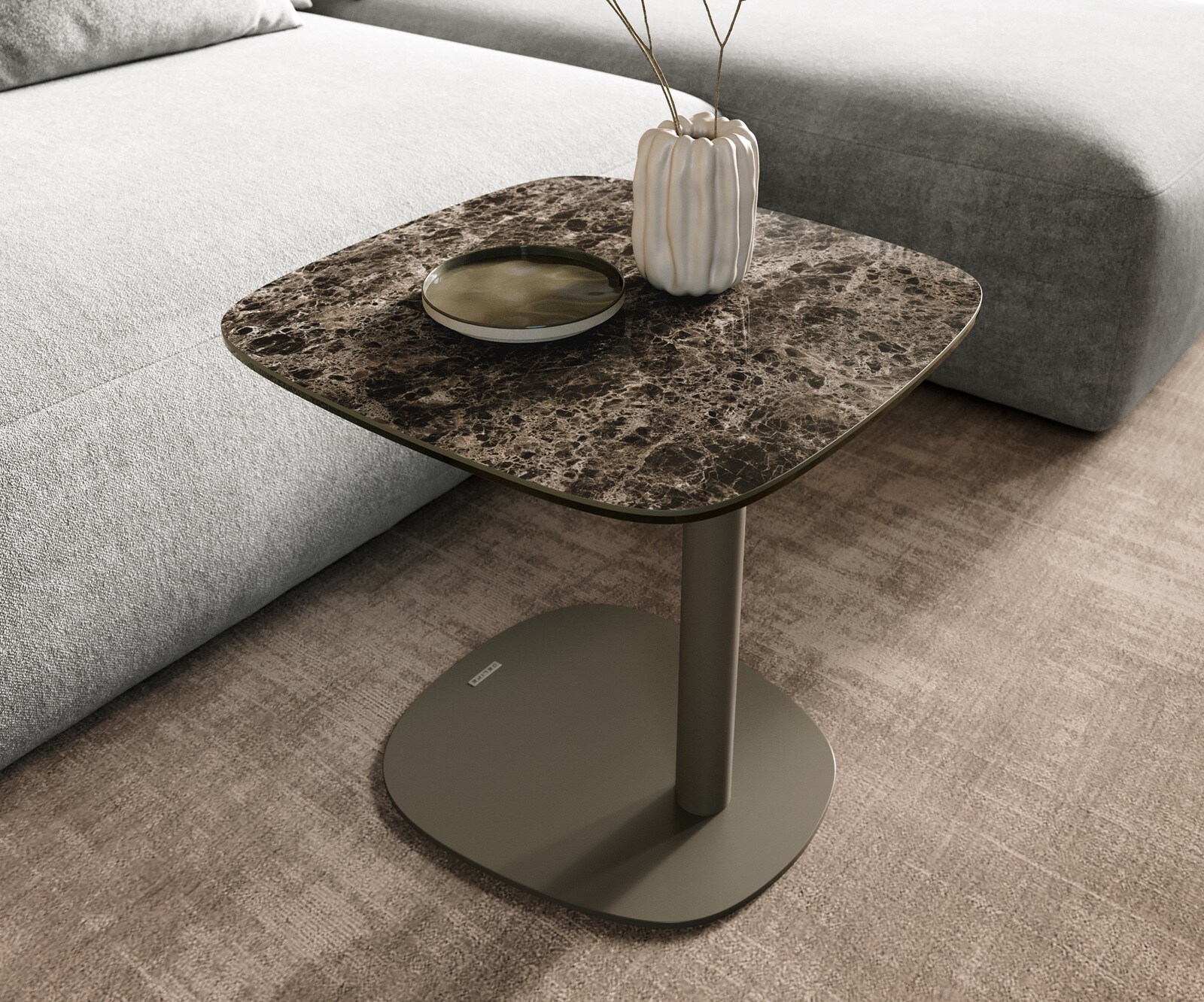 Table basse Edge Boot 50x50 cm céramique Laminam® Emperador Extra Lucidato brun foncé Eleny Metall finition effet titane 7