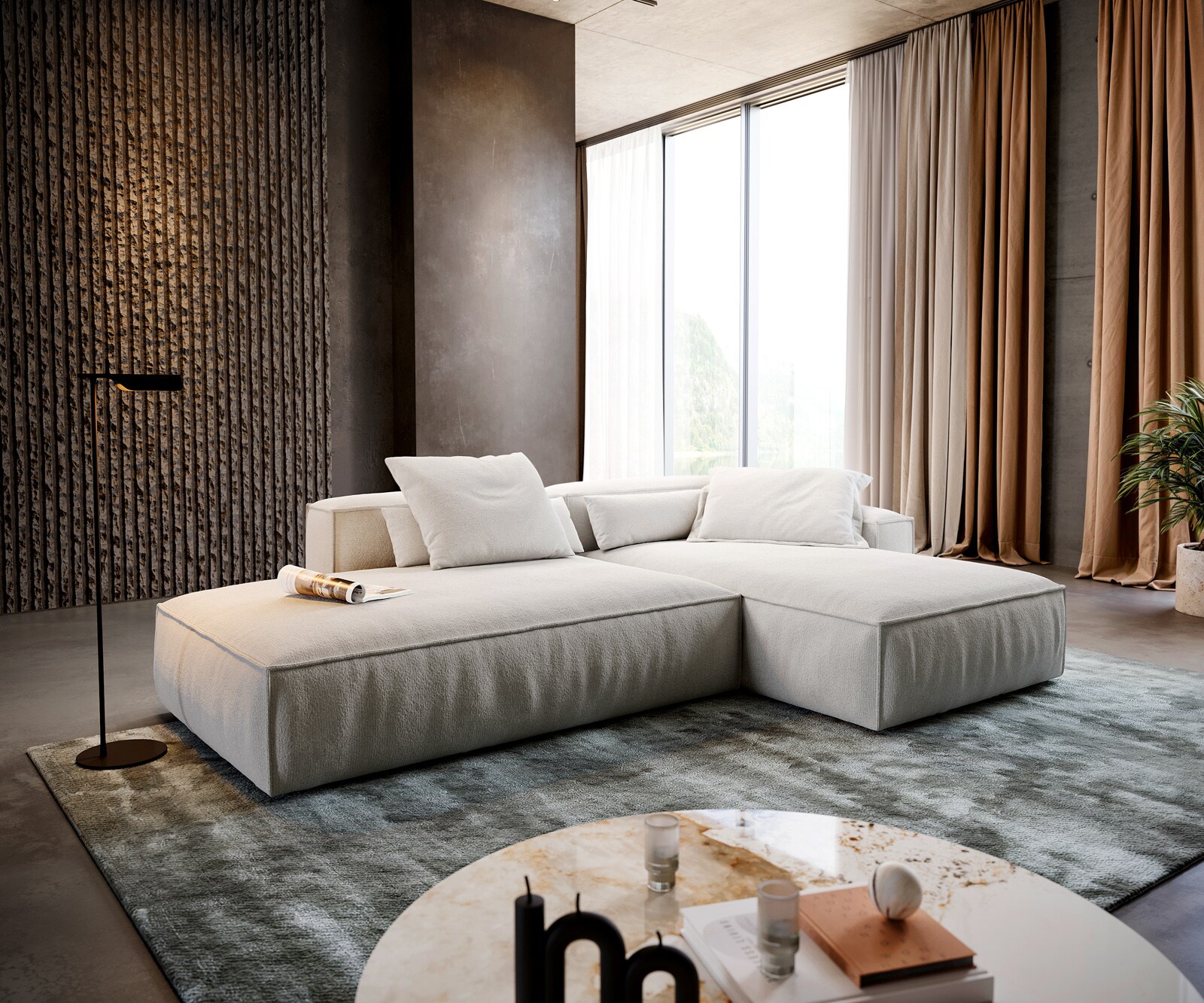 Canapé d'angle Freestyle 310x200 cm Bouclé doux Beige couture passepoilée 2