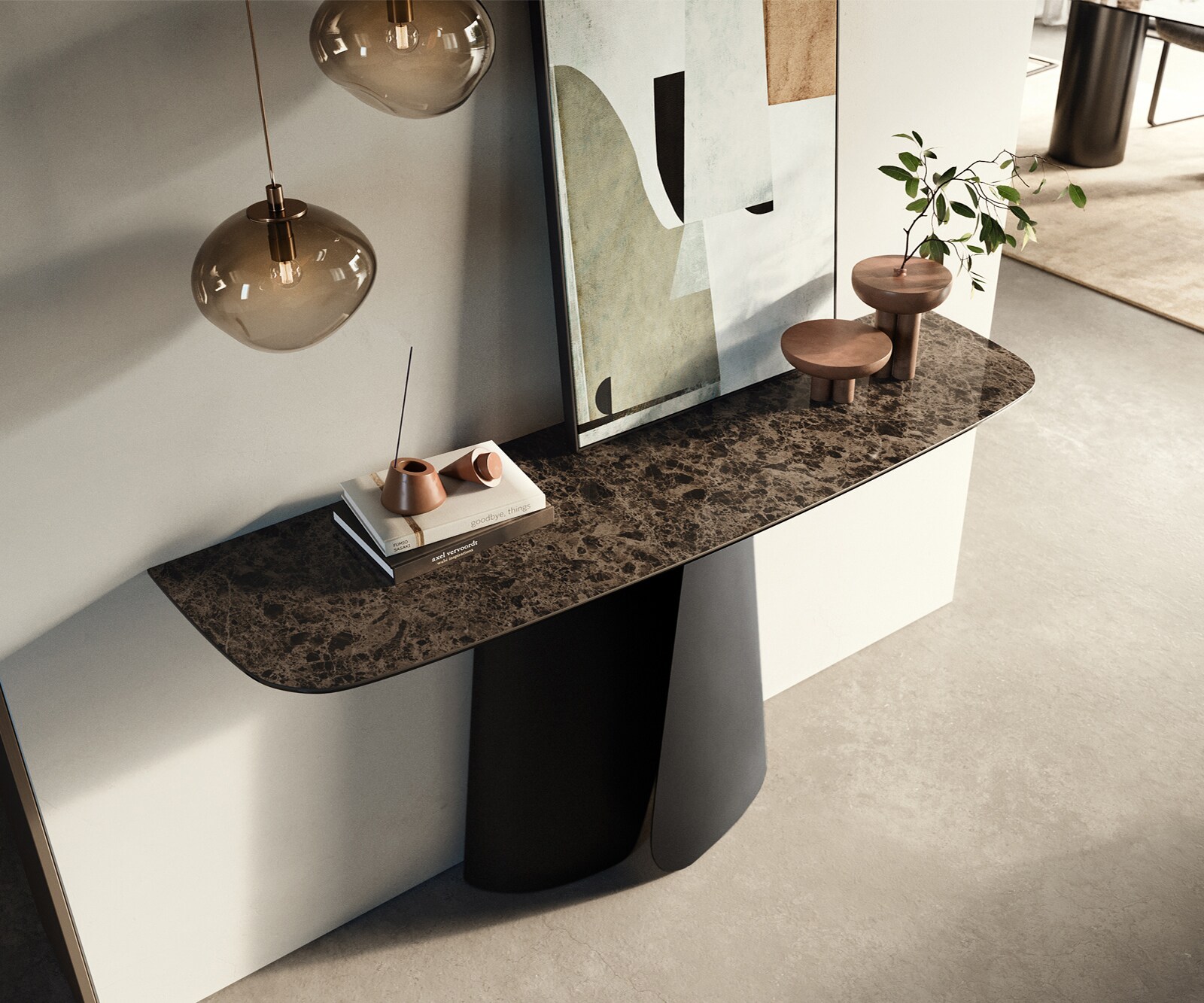 Console Edge forme bateau 140x40 cm Céramique Emperador Extra Lucidato Dunkelbraun Livos Métal Noir 1