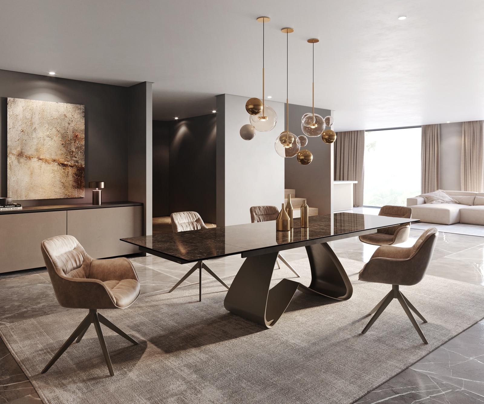 Table à manger Edge 200-300x100 Laminam® Emperador Extra Lucidato Marron foncé Cadre en W finition à effet Titane extensible 6