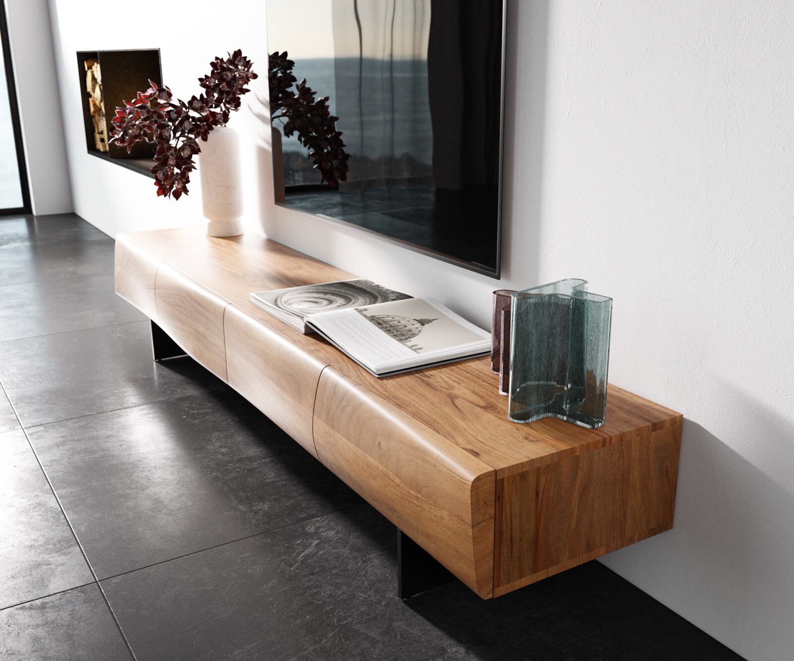 Meuble - TV New Live-Edge 200 cm acacia naturel 4 portes pied flottant métal noir 1