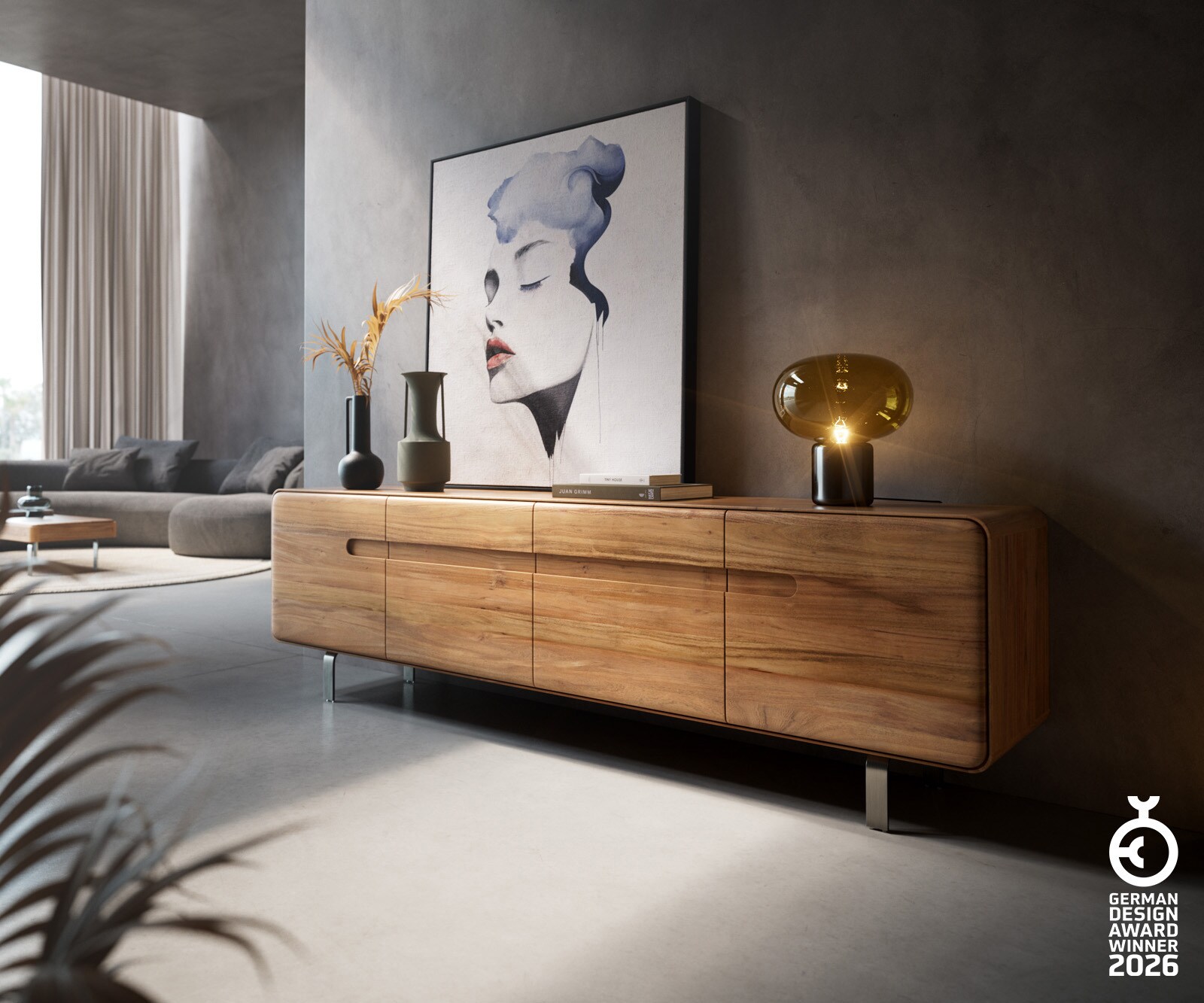 Meuble-TV Anaya 200 cm acacia naturel 4 portes pied en L inoxydable