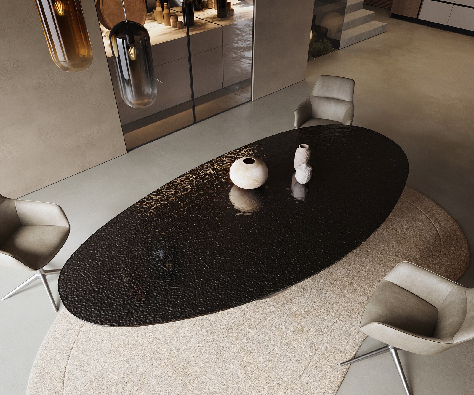 Table à manger Edge ovalee 280x130 verre en relief noir fumé 3D-Design Cono métallique argent 3