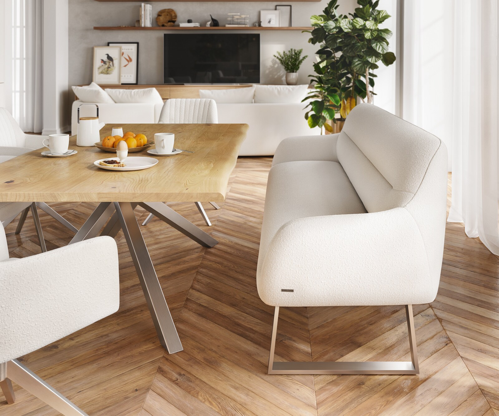 Banc-de-salle-à-manger Taya-Flex 200 cm bouclé crème-blanc piètement à patins angulaire acier inoxydable ressort ensaché 2