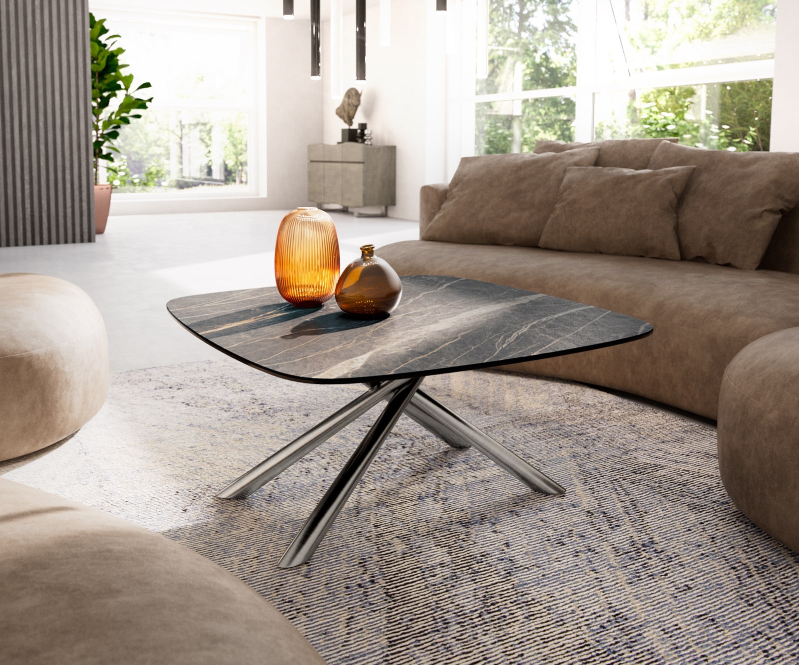 Table basse Edge Boot 90x90 cm céramique Laminam® Noir Desir brun Sarity acier inoxydable brossé 1