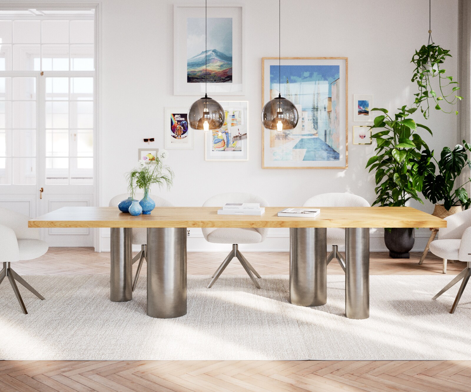 Table à manger Edge 300x100 Chêne Nature Pilier Acier inoxydable brossé 2