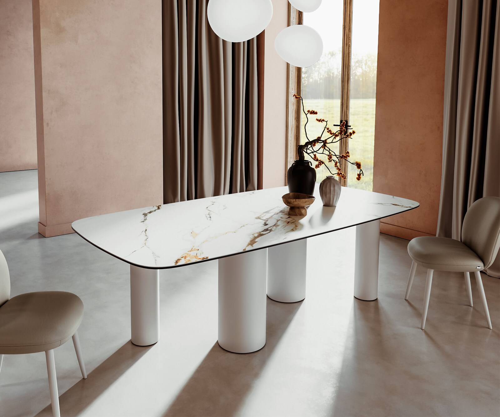 Table à manger Edge Boot 240x120 Céramique Calacatta Luxe Blanc-Doré-Gris Pilier Métal Blanc 1