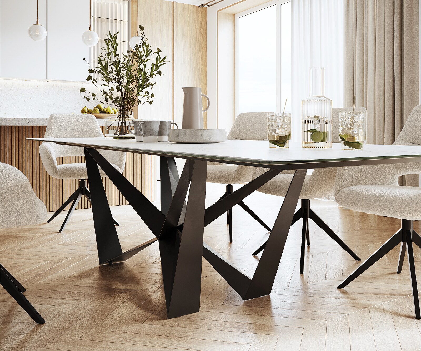 Table-à-manger Edge 300x100cm Laminam® céramique blanc pieds milieu acier plat noir 5