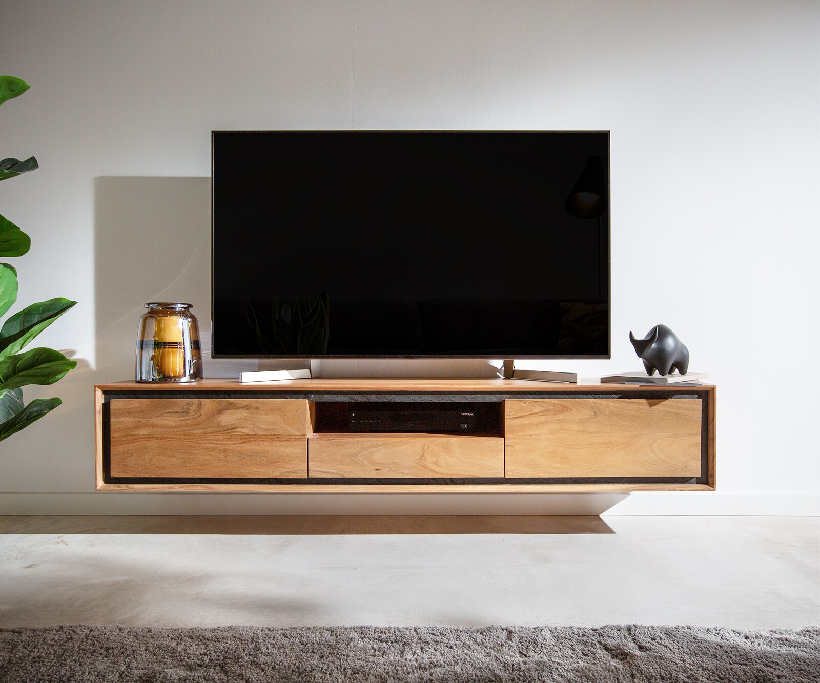 Buffet bas Stonegrace 175 cm acacia nature 2 portes 1 compartiment 1 tiroir placage en pierre flottant 1