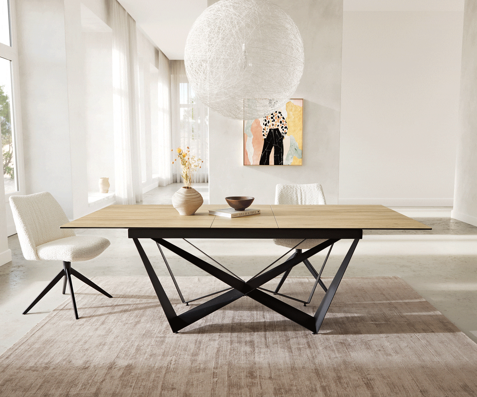 Table à manger Edge 180-220x100 céramique Laminam® Sabbia couleur chêne Spider acier plat noir extensible 6