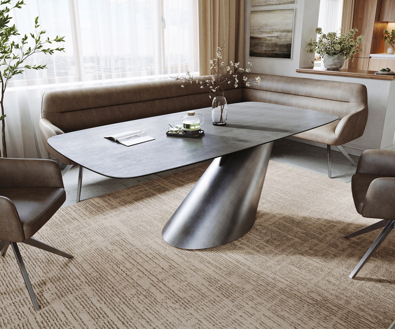 Table à manger Edge bateau 200x100 cm céramique béton gris Cono métal argenté
