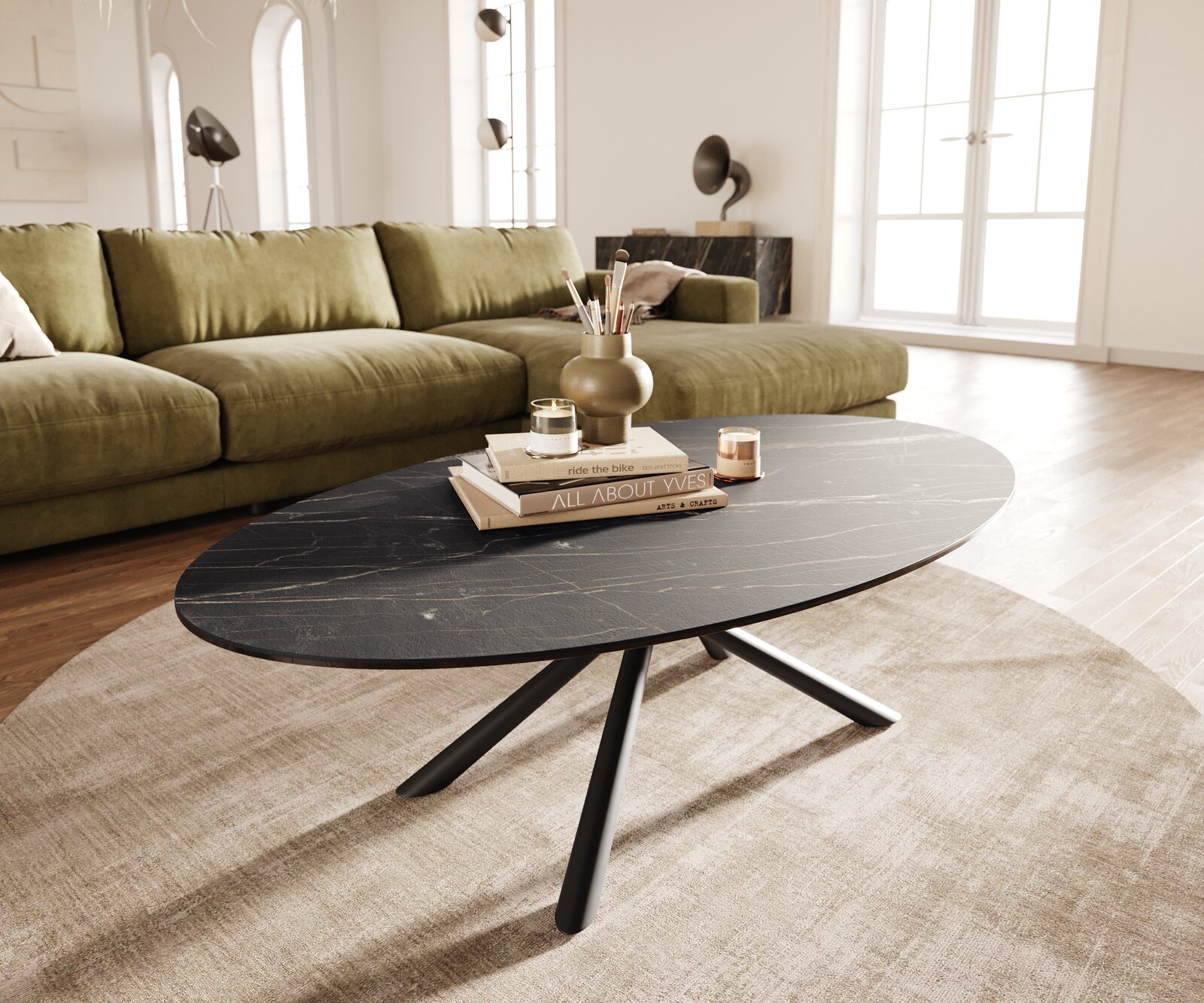 Table basse Edge Oval 140x80 cm céramique Laminam® Noir Desir brun Sarity métal noir