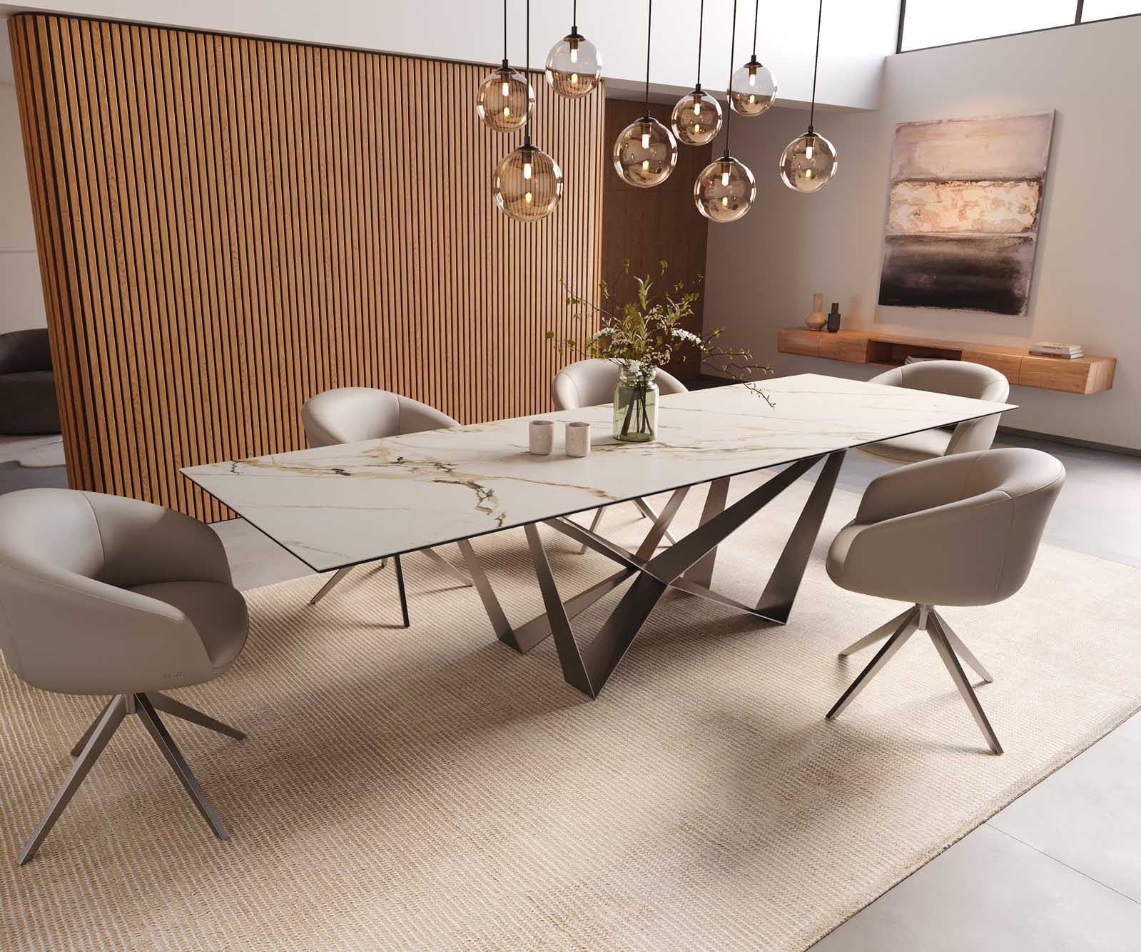 Table à manger Edge 300x100 céramique Calacatta Luxe blanc-doré-gris Spider acier plat acier inoxydable 8