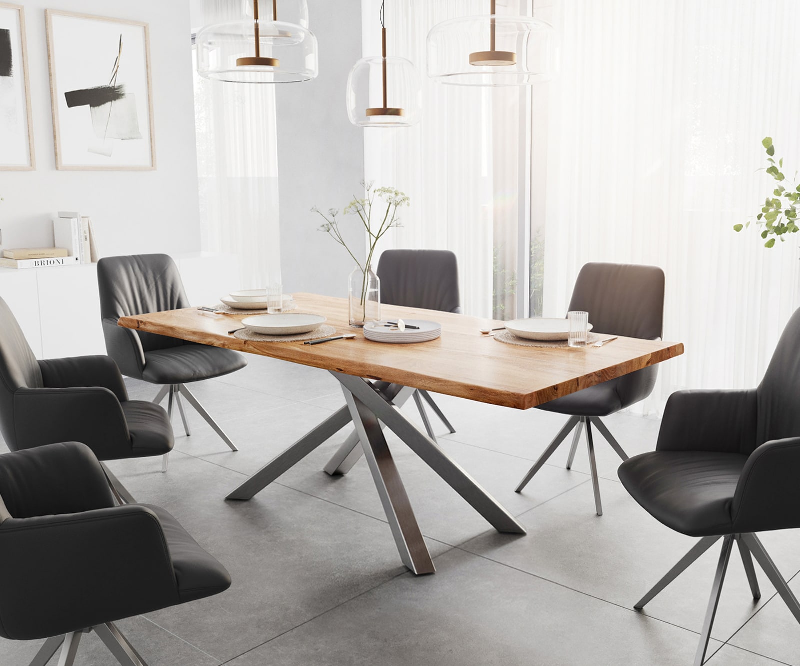 Table à manger Edge 200x100 acacia nature cadre croisé rectangle acier inoxydable Live-Edge Table à manger Edge 200x100 acacia nature cadre croisé rectangle acier inoxydable Live-Edge