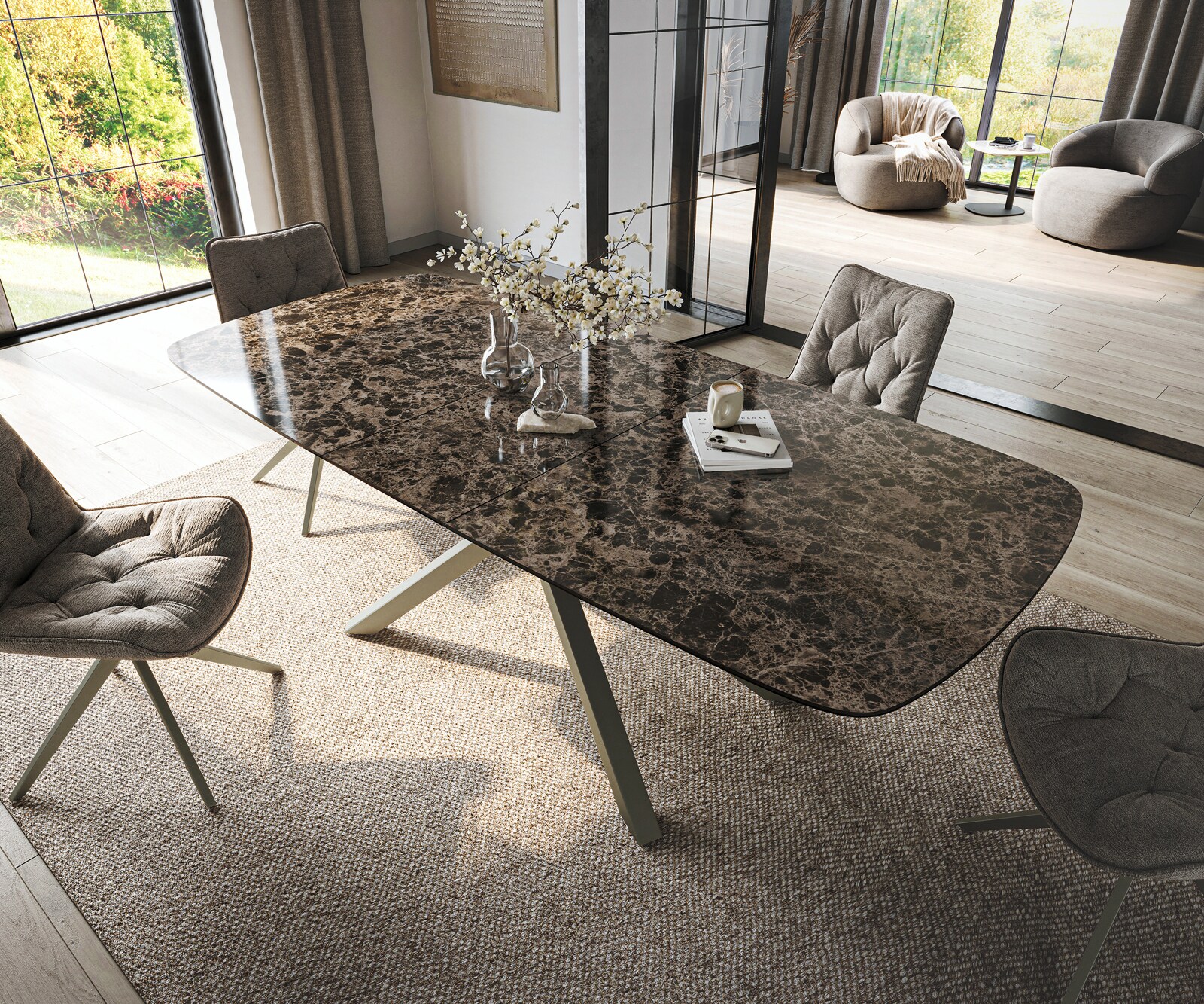 Table de salle à manger Edge Boot 180-220x100 cm Céramique Emperador Extra Lucidato Brun foncé Piètement croisé rectangulaire finition effet Titane extensible 4