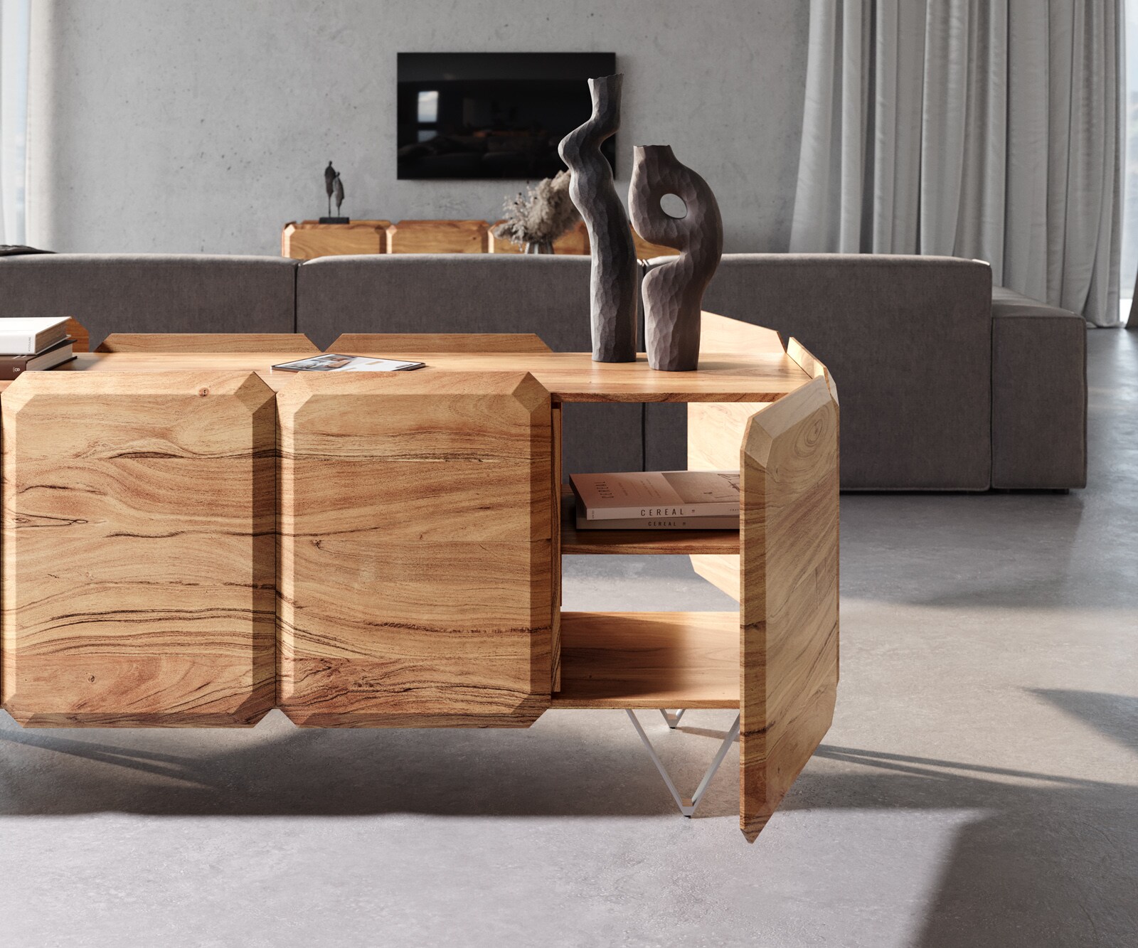Buffet Kiano 175 cm Acacia Nature 4 Portes Pied en V Acier inoxydable Séparateur de pièce 5