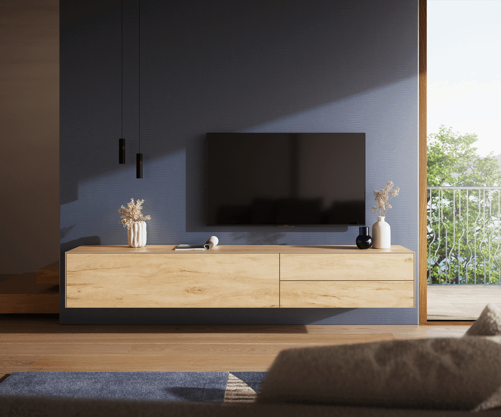 Meuble-TV Cuor 220 cm Céramique Laminam® Sabbia Teinte chêne 1 Clapet 2 Tiroirs Flottant 1