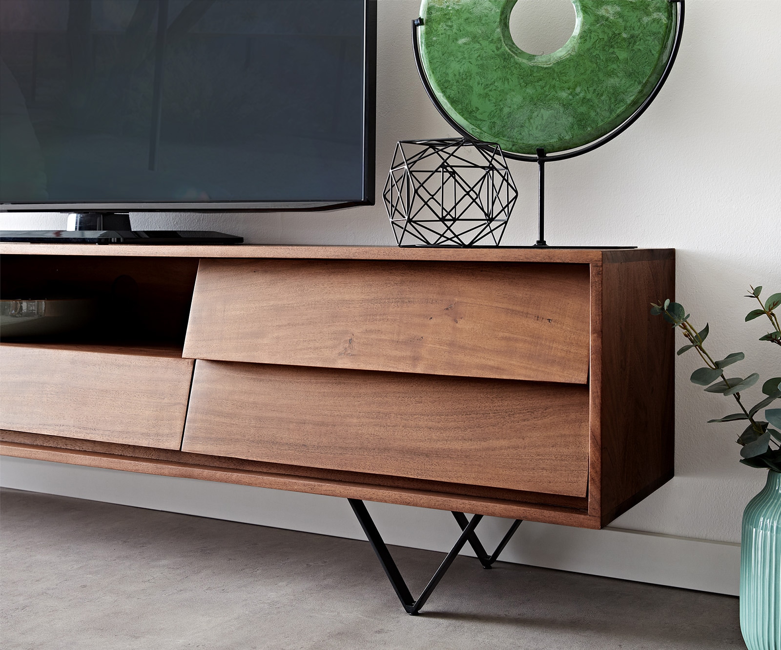 Meuble-TV Eloi 200x35 cm acacia marron 2 portes 1 tiroir pied en V noir 4 Meuble-TV Eloi 200x35 cm acacia marron 2 portes 1 tiroir pied en V noir 4
