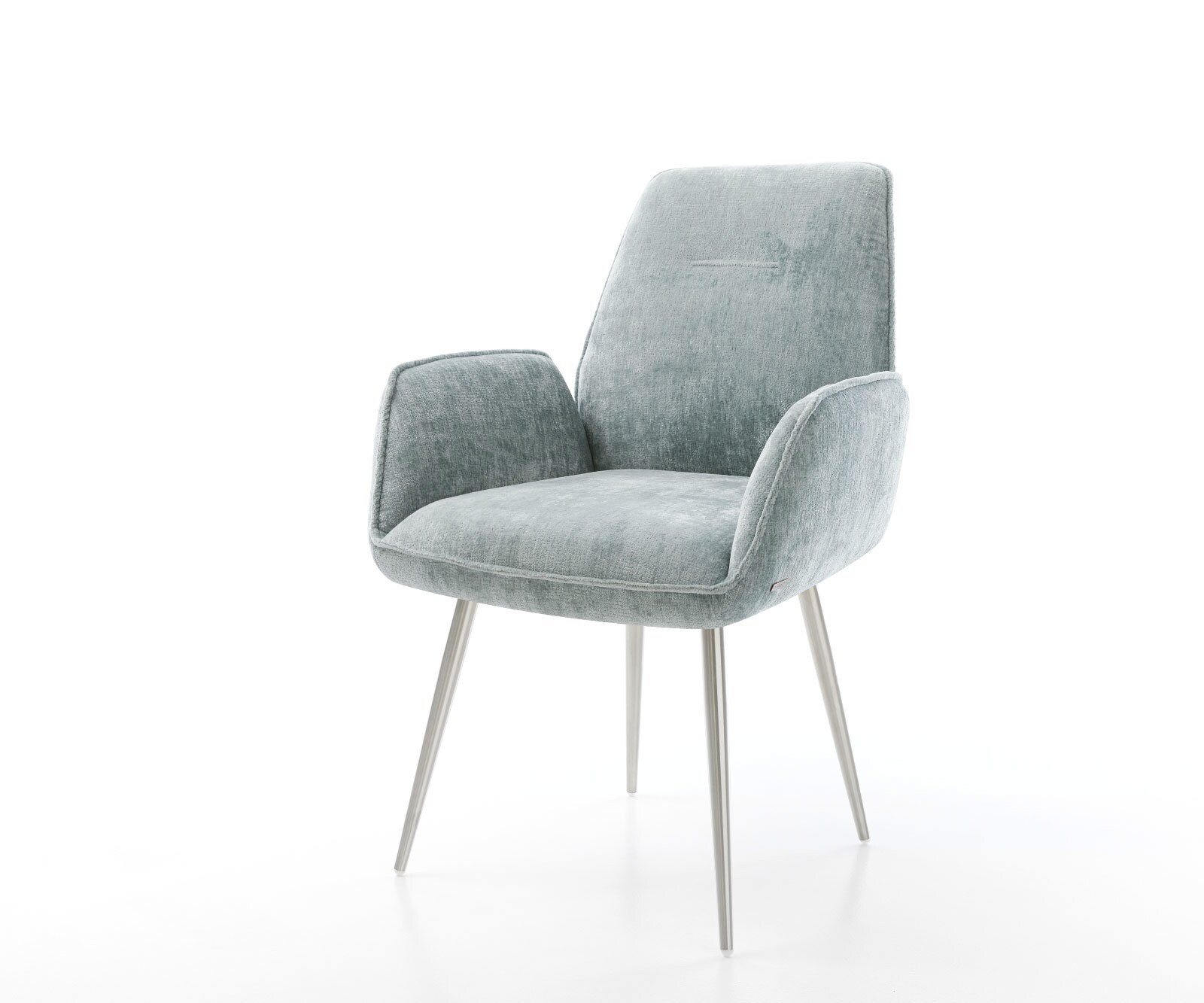 Chaise-de-salle-à-manger Zoa-Flex chenille bleu pastel 4 pieds coniques acier inoxydable brossé ressorts ensachés