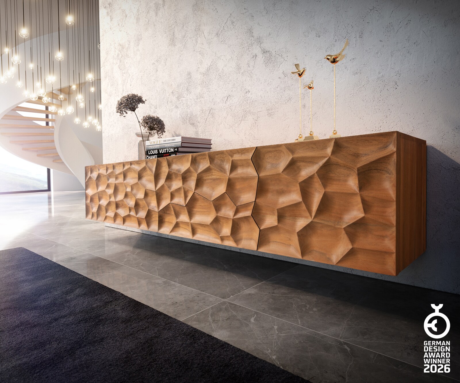 Meuble-TV Solu 220 cm acacia naturel 2 portes 4 tiroirs flottant façade 3D