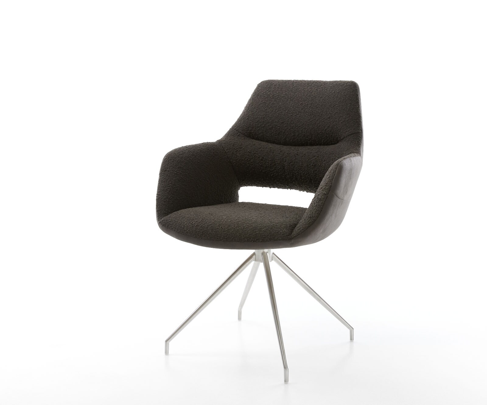 Chaise-pivotante Yago-Flex avec accoudoirs tissu mixte noir pied croisé conique acier inoxydable brossé pivotement sur 180° ressorts ensachés