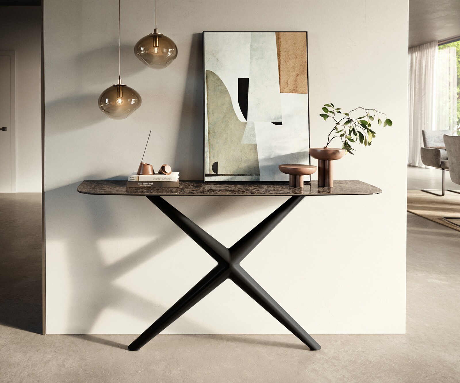 Console Edge forme bateau 140x40 cm Céramique Emperador Extra Lucidato Dunkelbraun Estelo Métal Noir