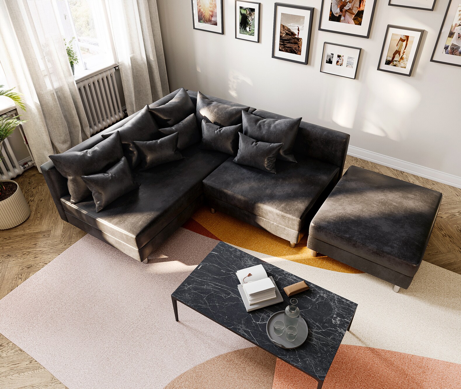 Canapé d'angle Clovis anthracite tabouret ottoman gauche module canapé 3