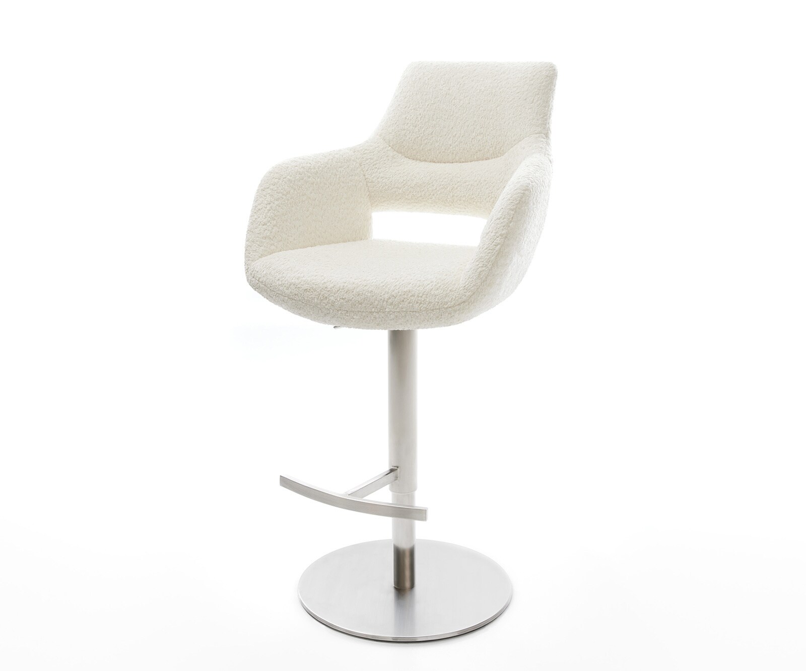 Chaise-de-bar Yago-Flex Bouclé Blanc Pied pivotant réglable en hauteur Acier inoxydable pivotant Ressorts ensachés