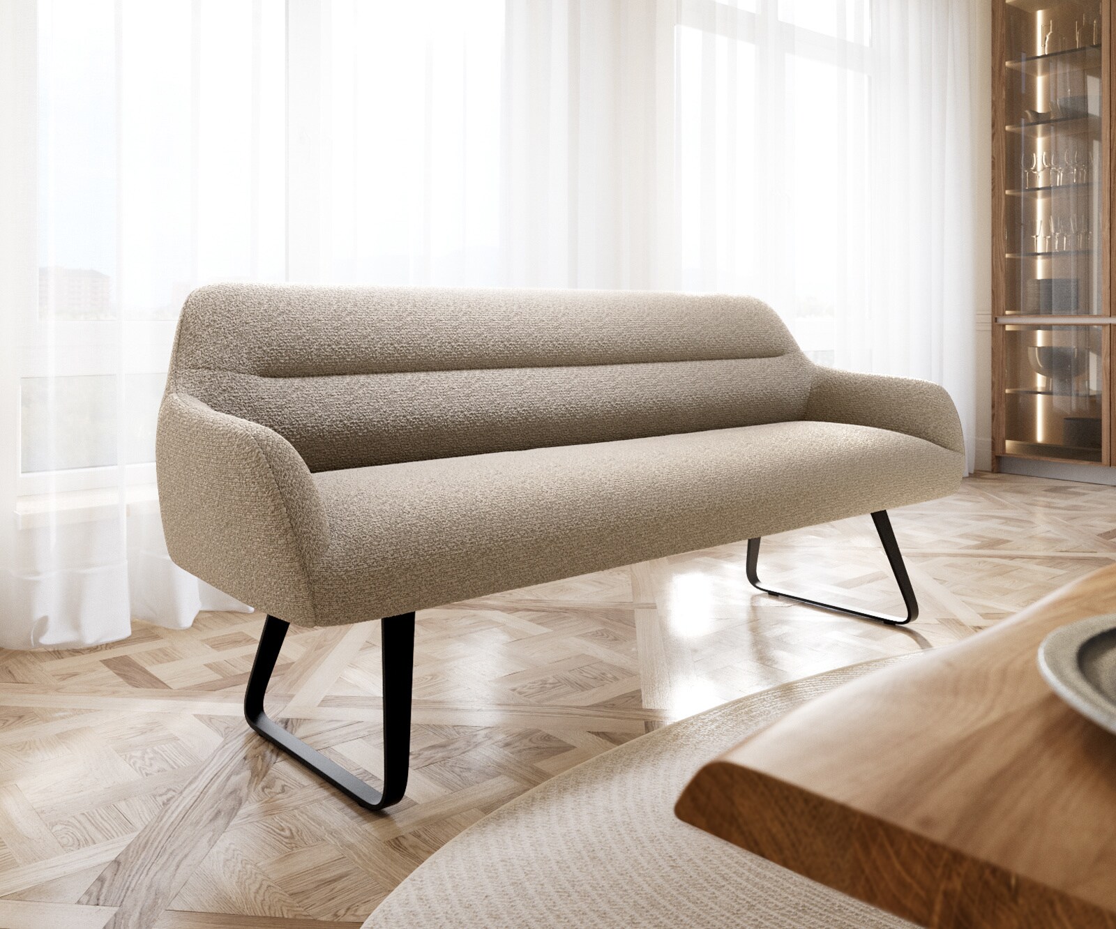 Banc-de-salle-à-manger Taya-Flex 200 cm bouclé boue châssis à patins plat noir ressort ensaché 1