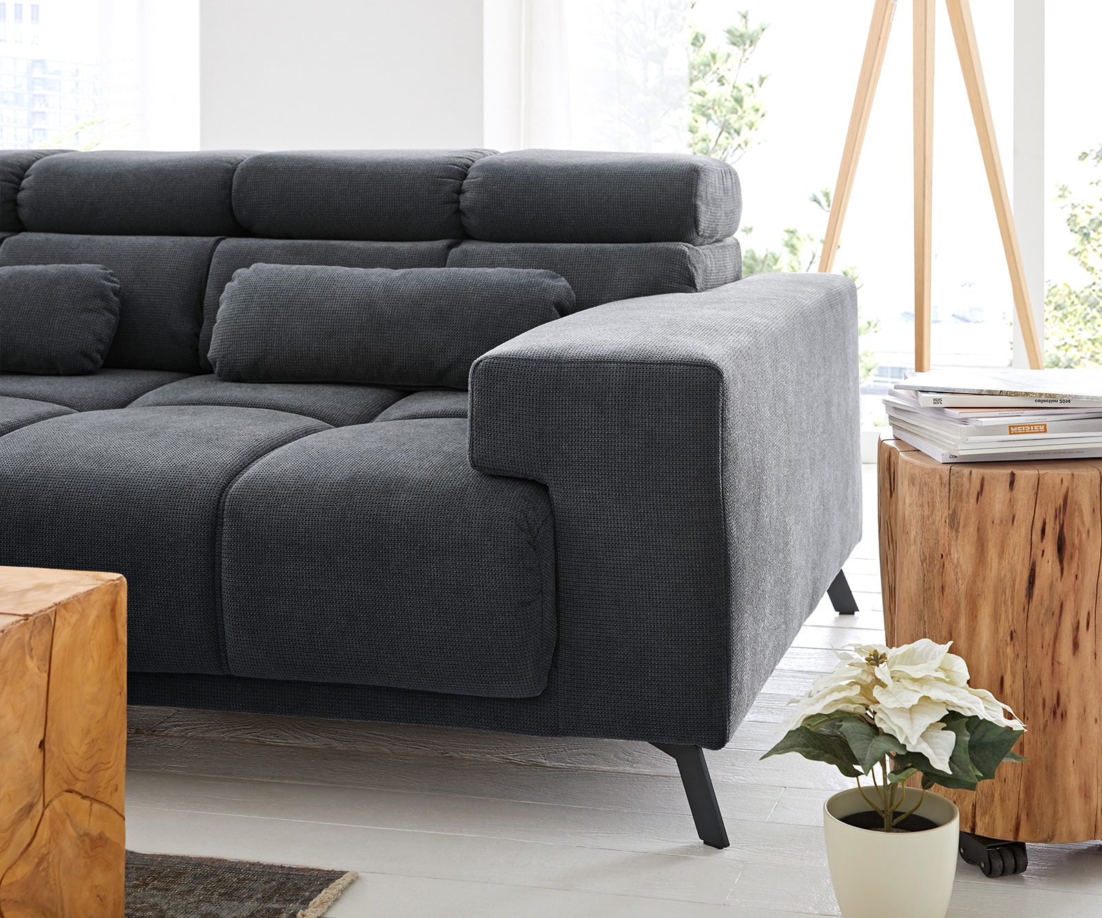 Canapé-d'angle Ordino 285x200 microfibre noir ottomane gauche réglage électrique de la profondeur d'assise 9