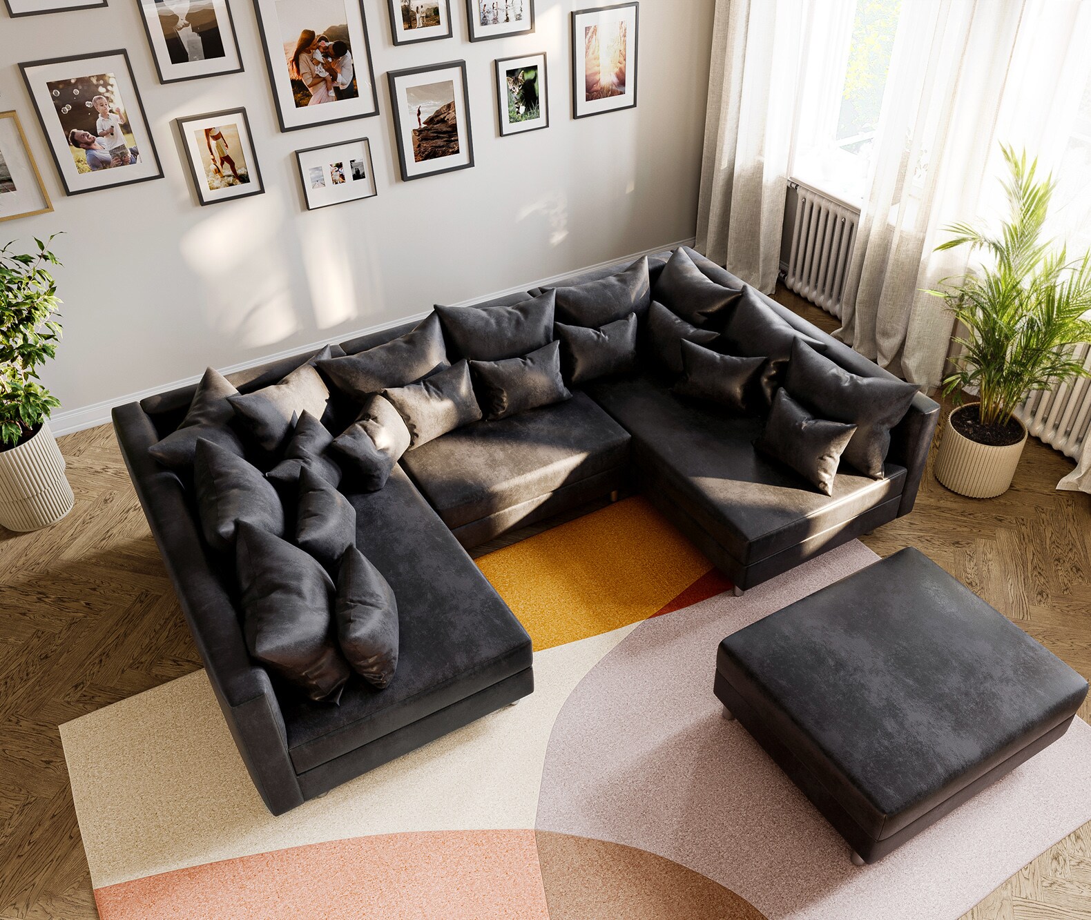 Canapé-panoramique Clovis Anthracite look Antique Modulable avec Tabouret 3