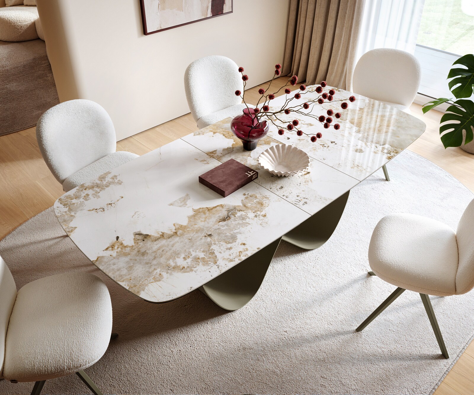 Table à manger Edge 180-220x100cm Céramique Minas Mélange Blanc-Beige Infinity Métal Effet Titane Extensible 4