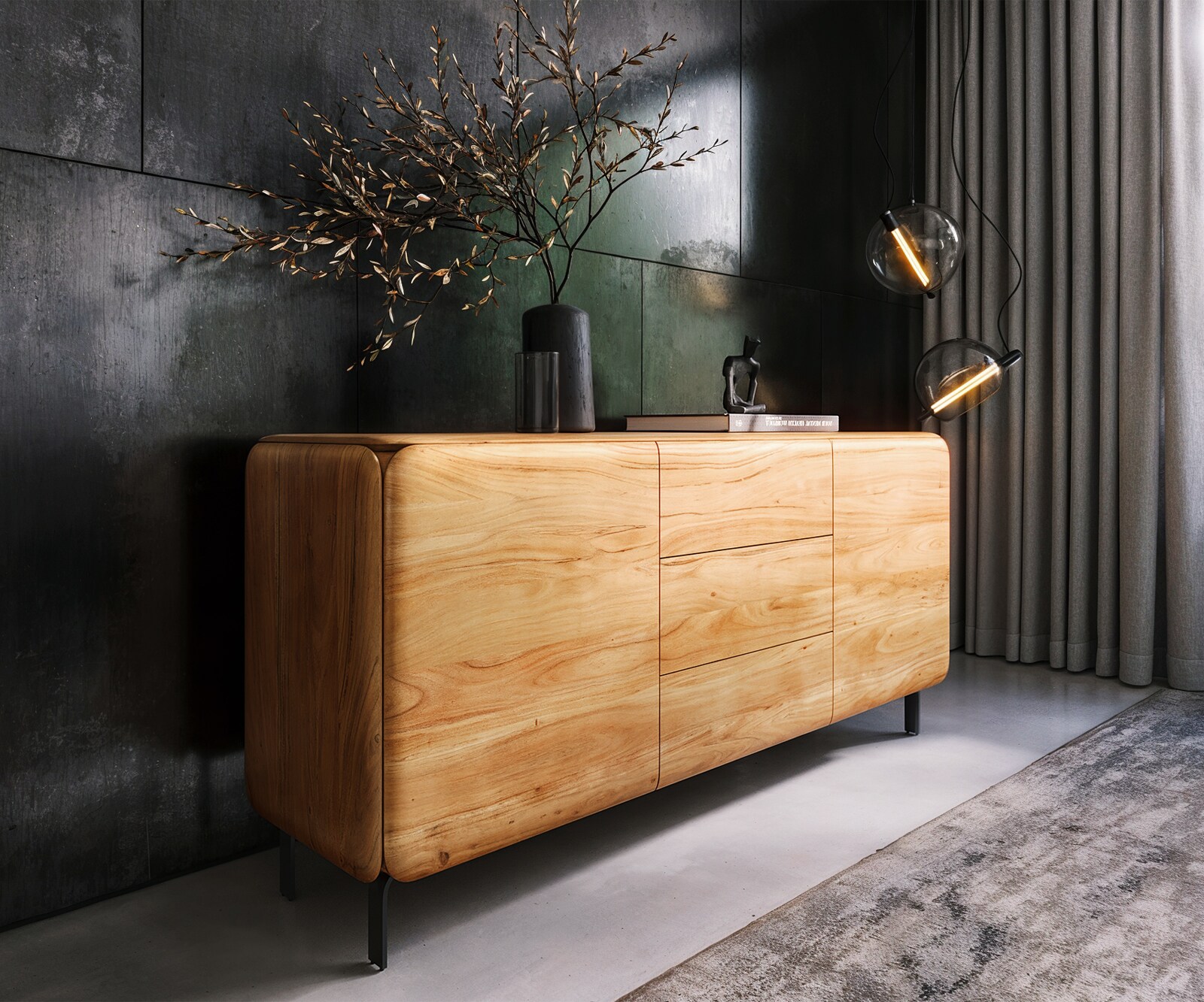 Buffet Shavani 175 cm, acacia naturel, 2 portes, 3 tiroirs, pieds en L, métal noir
