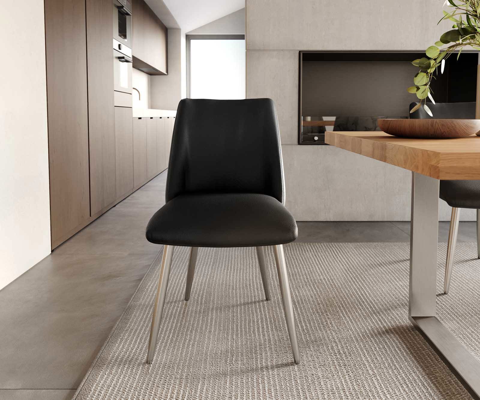 Chaise-de-salle-à-manger Elso-Flex cuir de vache noir 4 pieds coniques acier inoxydable brossé ressorts ensachés 1 Chaise-de-salle-à-manger Elso-Flex cuir de vache noir 4 pieds coniques acier inoxydable brossé ressorts ensachés 1