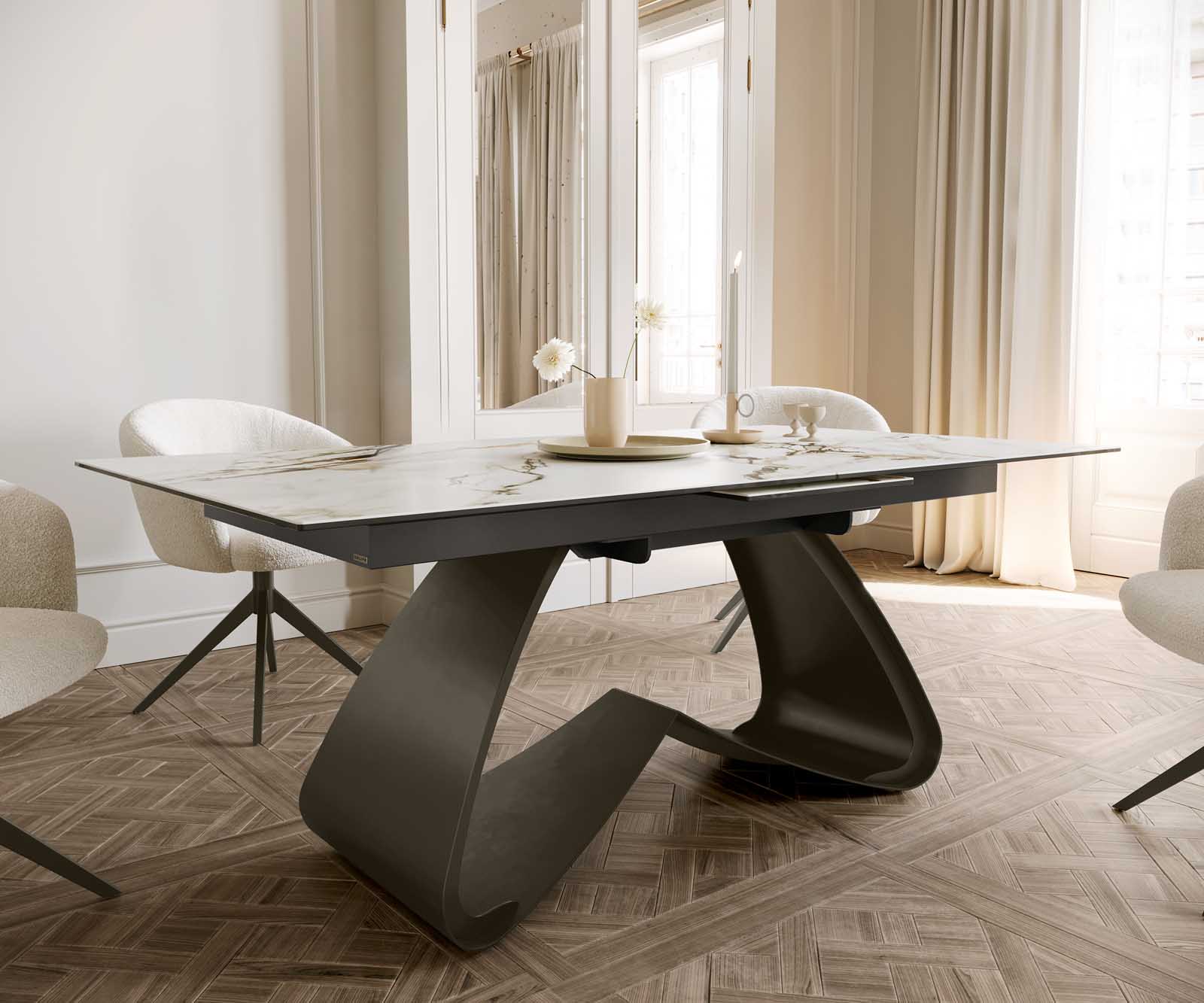 Table à manger Edge 180-220x100 Céramique Calacatta Luxe Blanc-Or-Gris cadre en W Finition Effet Titane Extensible 7