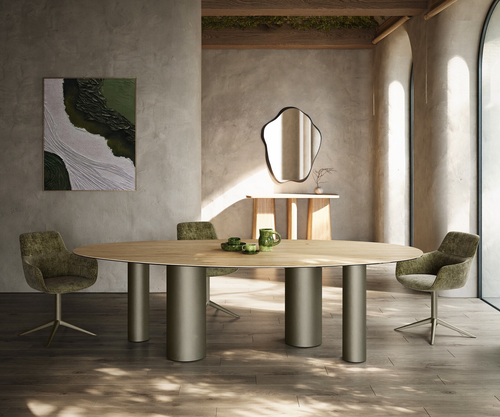 Table à manger Edge Ovale 280x130 Céramique Laminam® Sabbia Couleur chêne Pilier Métal finition à effet Titane 2