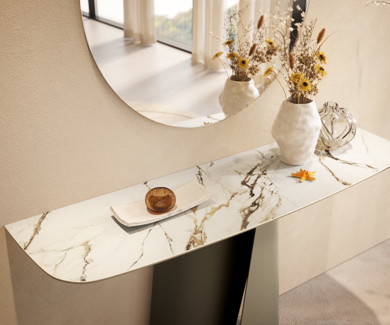 Console Edge forme bateau 140x40 cm Céramique Calacatta Luxe Weiß-Gold-Gris Livos Métal Effektfinish Titan 6