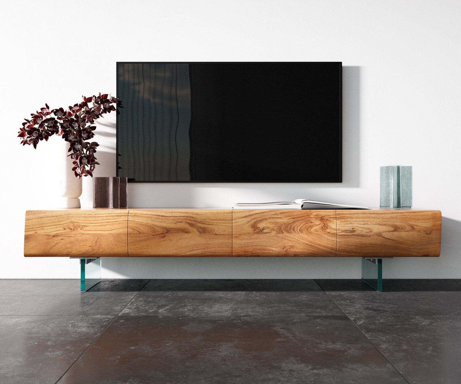 Meuble - TV New Live-Edge 175 cm acacia naturel 4 portes pied en verre 3