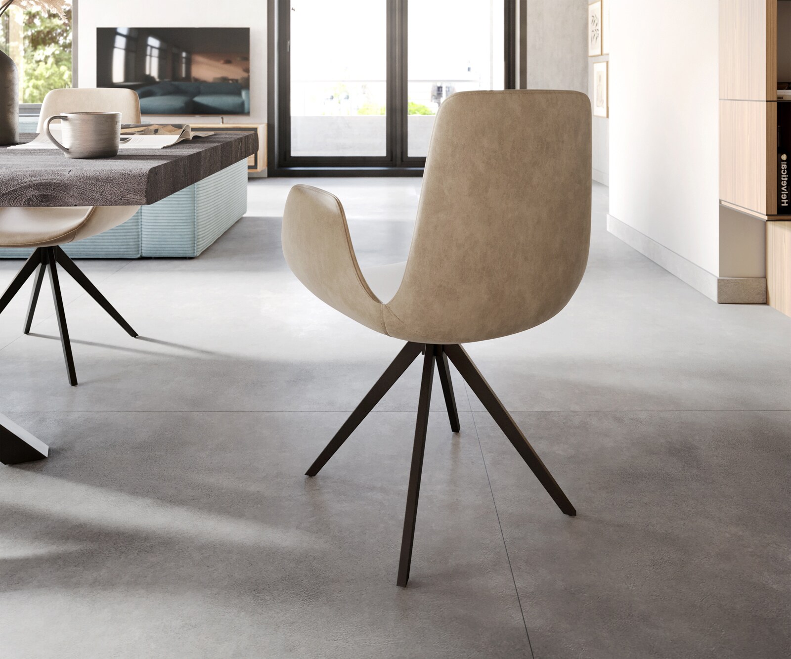 Chaise-de-salle-à-manger Ilia-Flex avec accoudoirs microvelours beige vintage pied croisé angulaire noir 4 Chaise-de-salle-à-manger Ilia-Flex avec accoudoirs microvelours beige vintage pied croisé angulaire noir 4