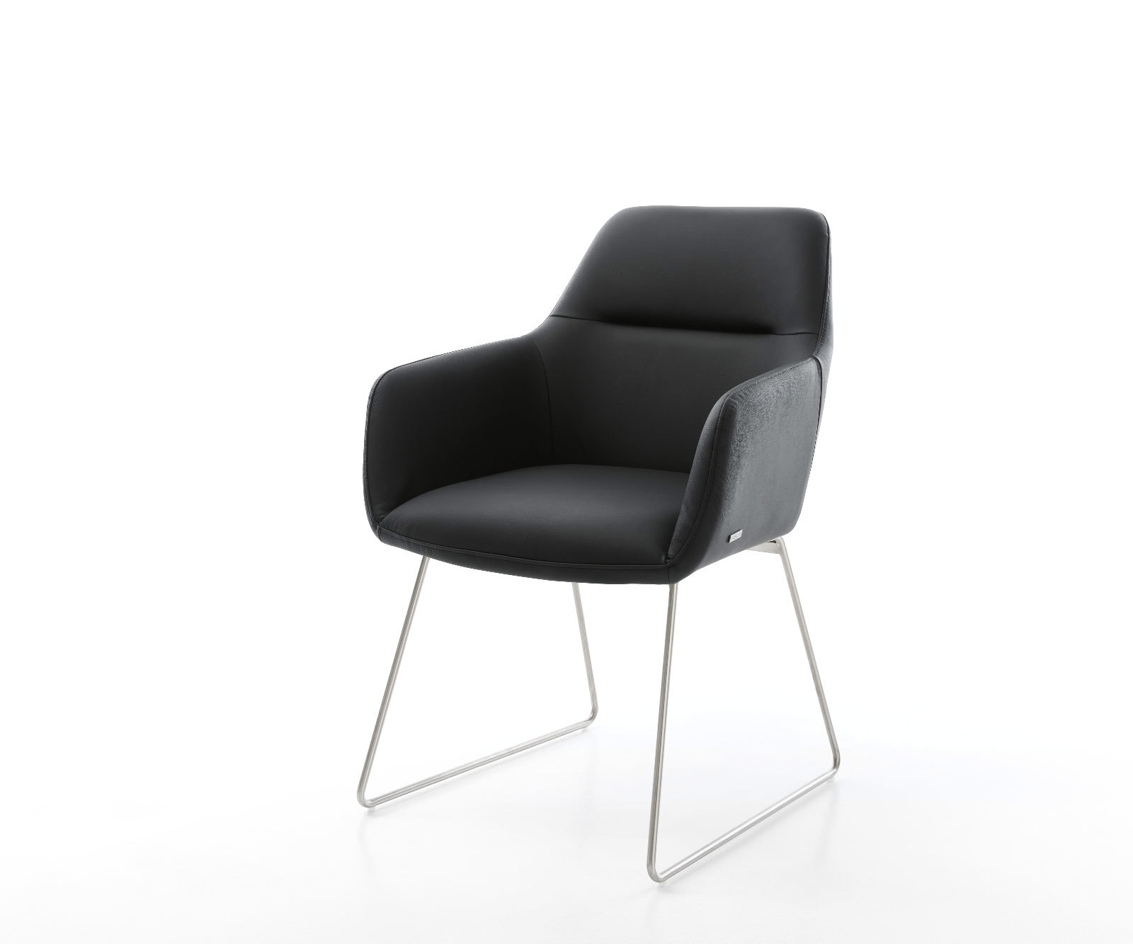 Chaise-de-salle-à-manger Pejo-Flex cuir de vache noir pied trapèze acier inoxydable brossé ressorts ensachés Chaise-de-salle-à-manger Pejo-Flex cuir de vache noir pied trapèze acier inoxydable brossé ressorts ensachés